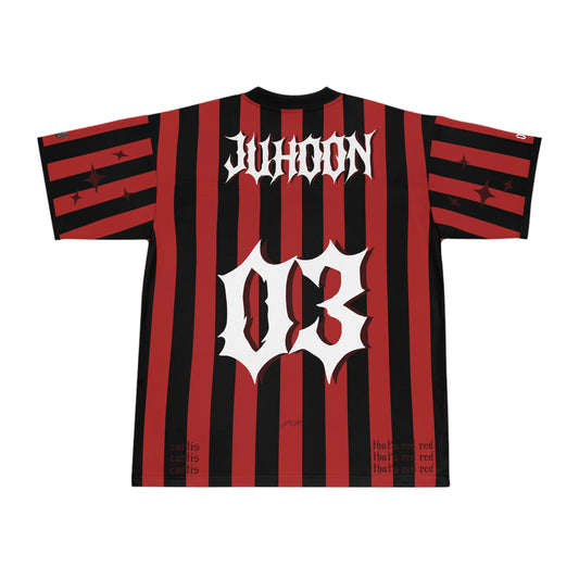 a stylish, y2k, streetwear inspired jersey of juhoon from cortis