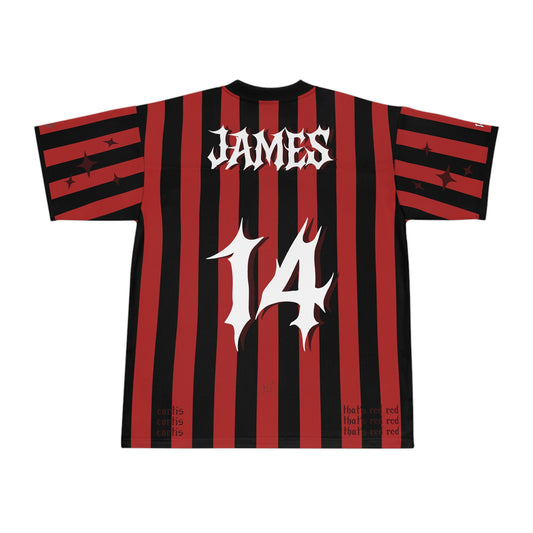 red and black striped, y2k, streetwear inspired kpop REDRED Jersey of James from Cortis