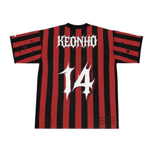 red and black striped, y2k, streetwear inspired kpop REDRED Jersey of Keonho from Cortis