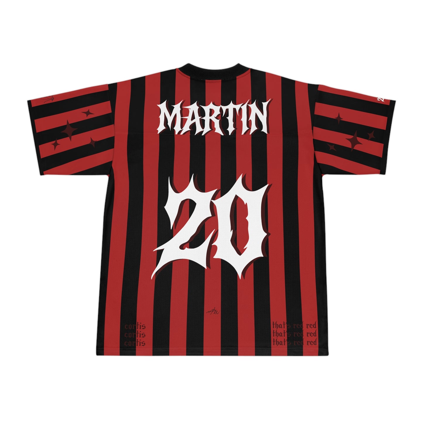 red and black striped, y2k, streetwear inspired kpop REDRED Jersey of Martin from Cortis