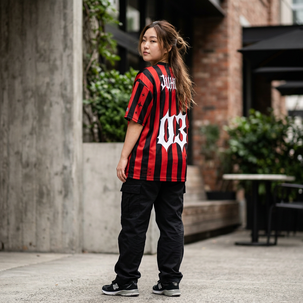 a young woman wearing a cortis REDRED juhoon jersey