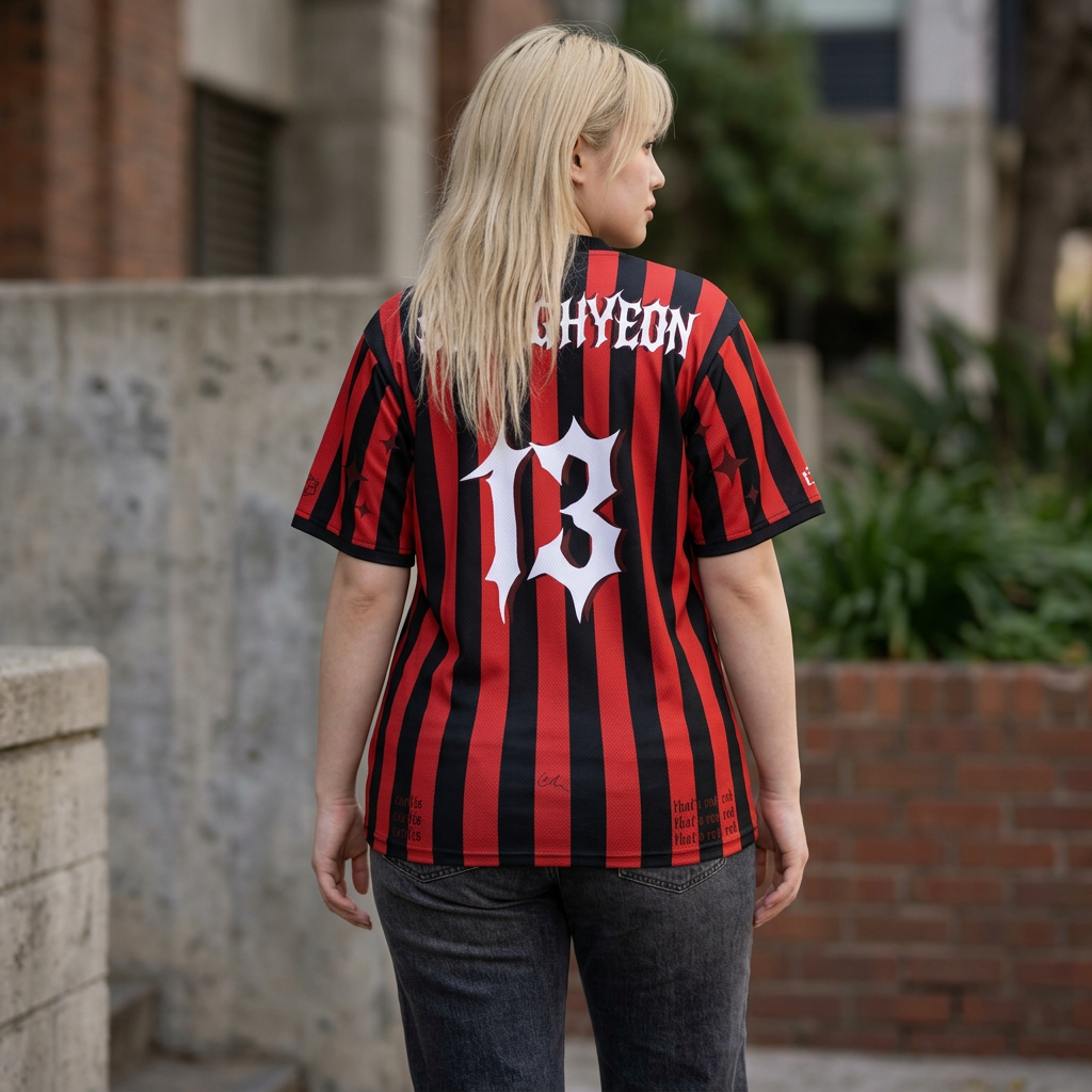 young woman wearing cortis stylish REDRED seonghyeon jersey