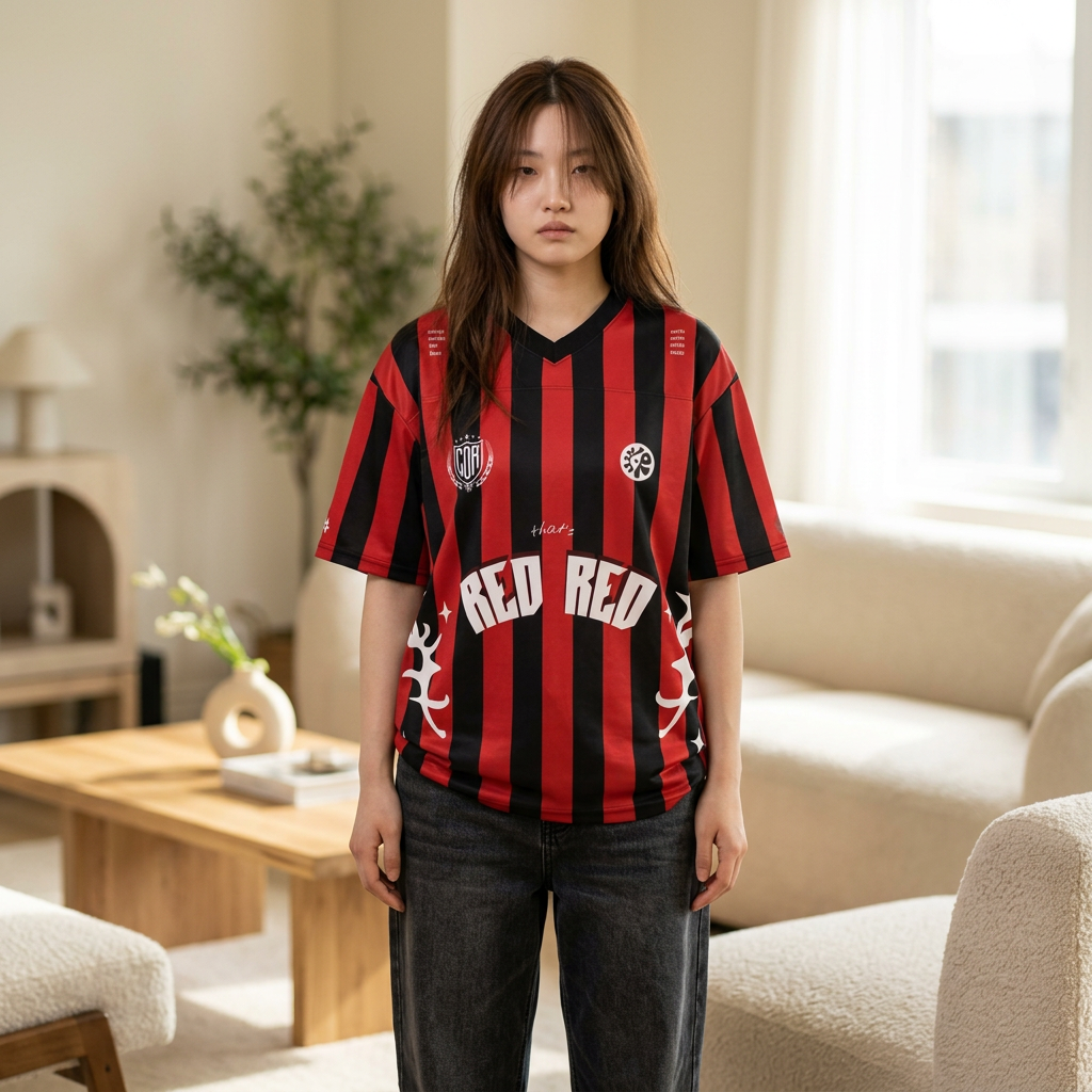 young woman wearing cortis y2k, streetwear stylish REDRED James jersey